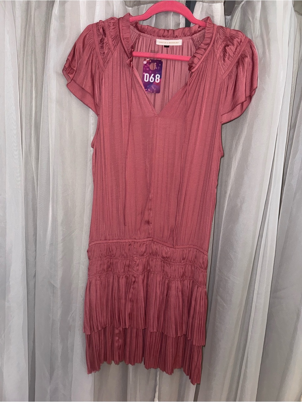 Pleated Short-Sleeve Mini Dress in Dusty Rose